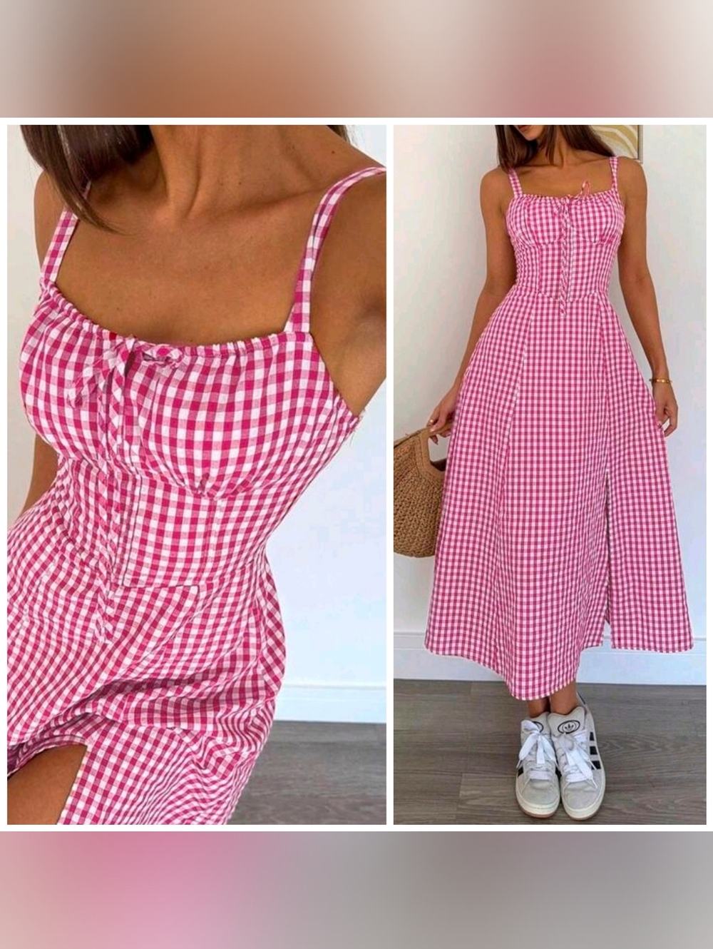 New Gingham Lace Up Back A Line Midi Dress Pink White Cotton
